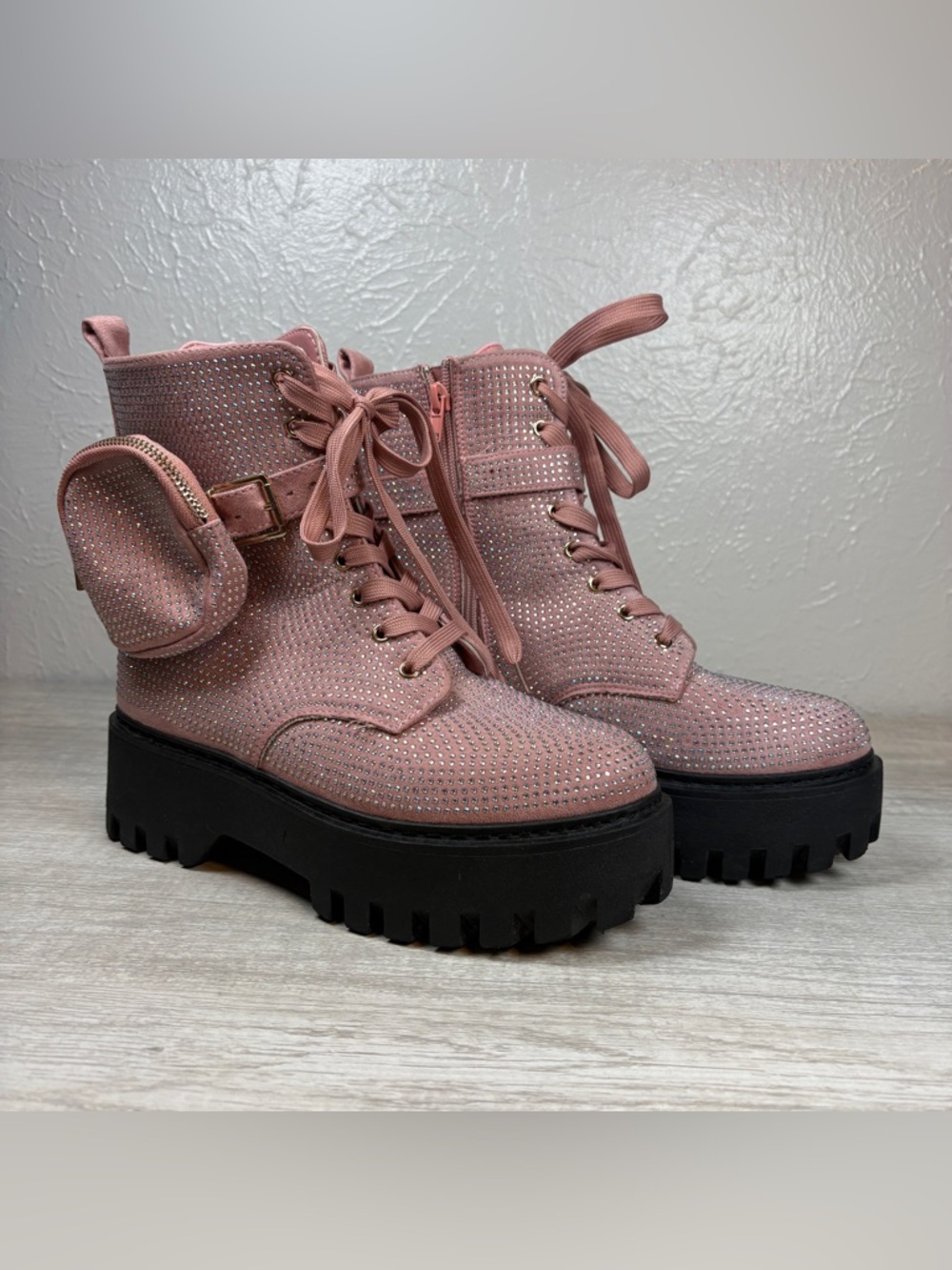 Rouge! Pink Rhinestone Platform Combat Boot With Side Pouch Size 9 Broadway